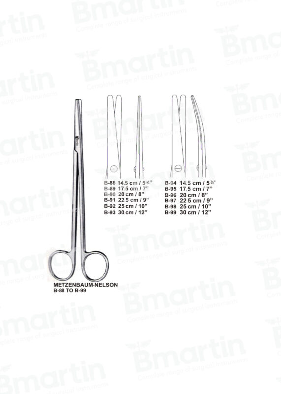 Metzenbaum-Nelson scissors straight curved surgical stainless steel B Martin B-88 to B-99